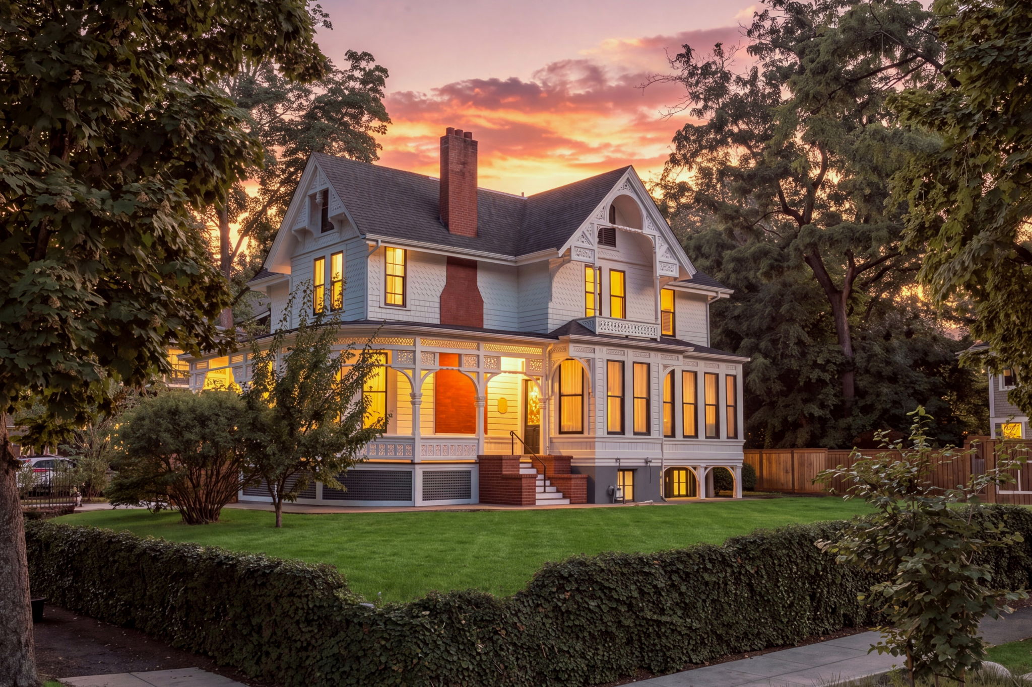 The illuminated William D. Fenton House at sunset